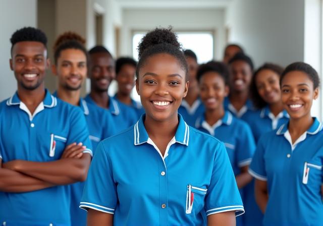 A team of friendly, professional cleaning staff posing happily