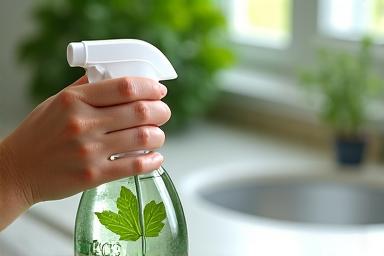 Hand using a spray bottle with an eco-friendly label on a counter surface